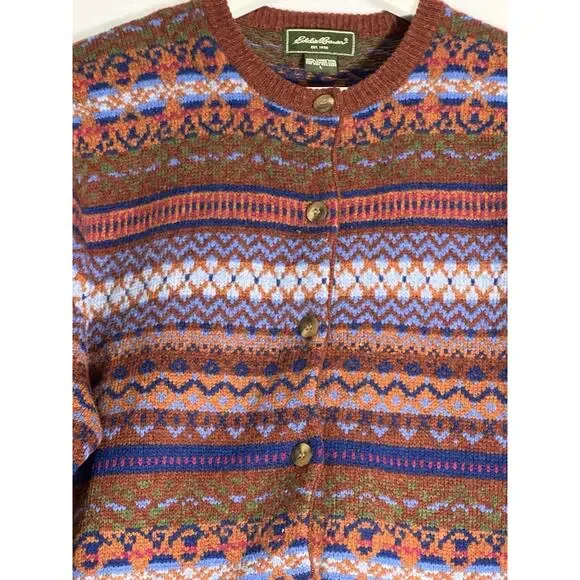 Vintage Eddie Bauer Button Up Cardigan Sweater Sz Large 100% Lambs Wool - Picture 1 of 9